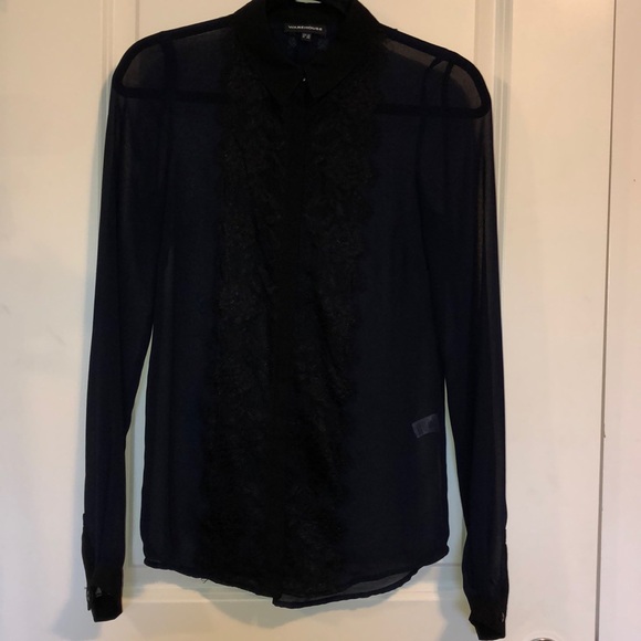 Warehouse Navy Blue Lace Panel Button Down Shirt - Picture 2 of 8